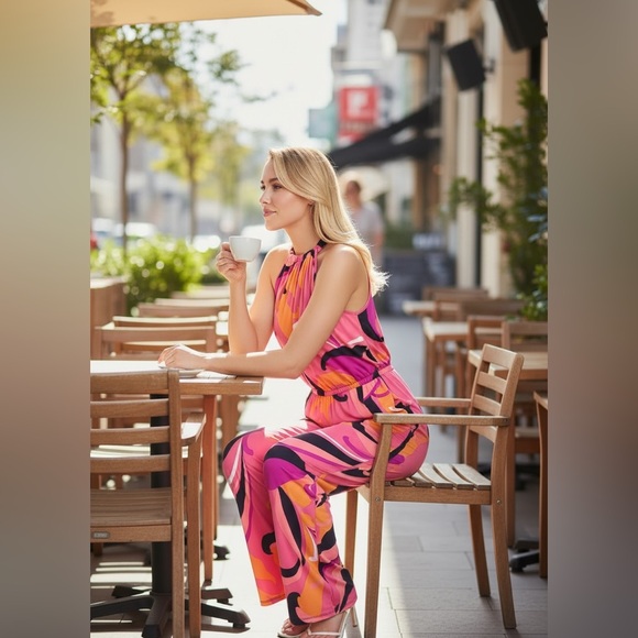 ✅TRINA TRINA TURK Pink Multi Juju Halter Printed Jumpsuit Sz medium - Picture 2 of 6